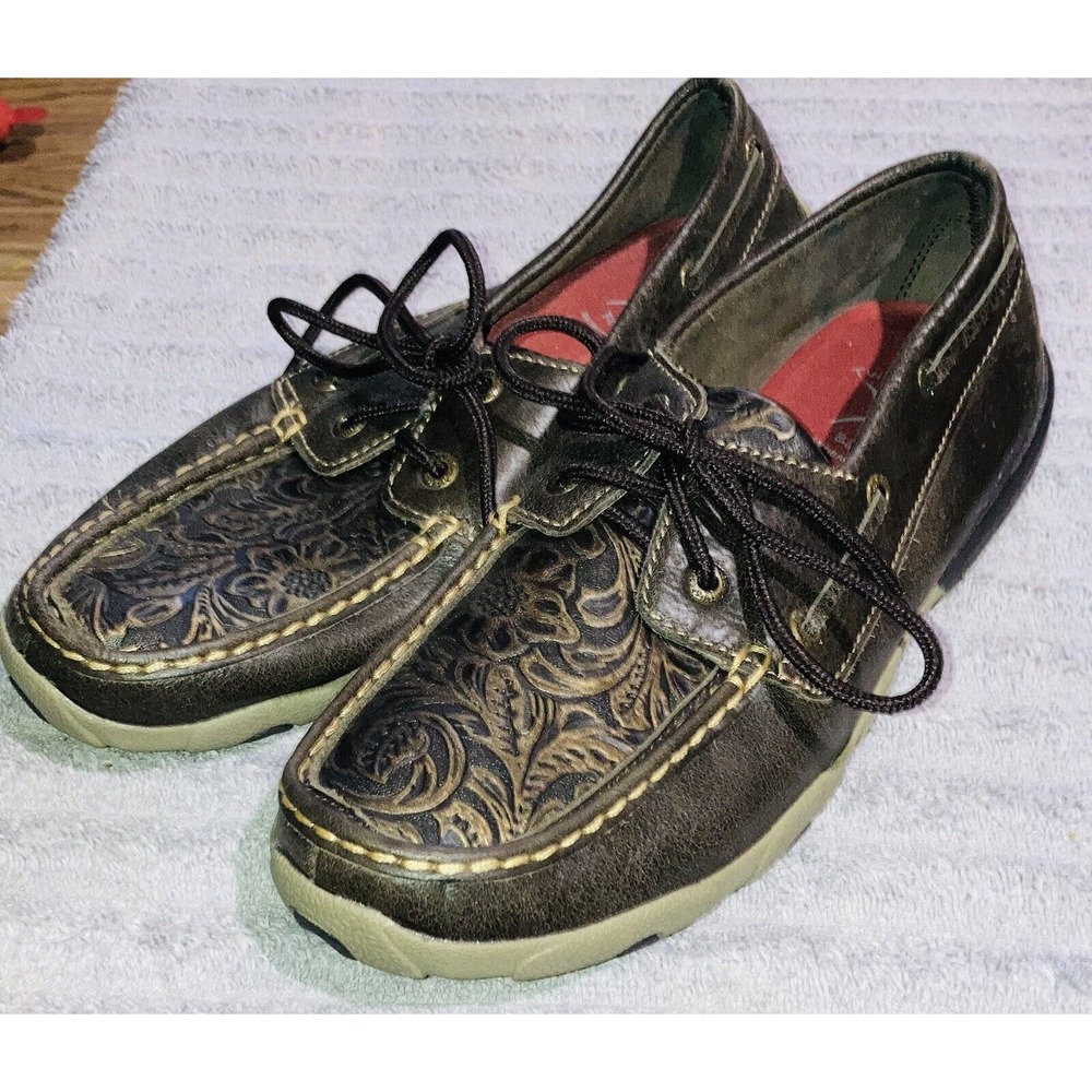 Twisted X Brown Tooled Leather Boat Shoes